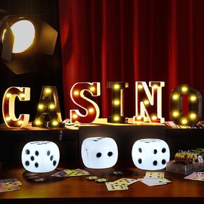 9 Pcs Casino Light up Letters Sign with LED Dice Party Decorations Battery Powered Marquee Letters LED Letter Lights for Night Party Tabletop Decor Supplies