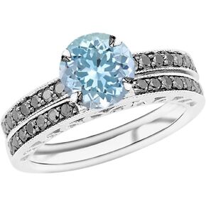 1.02 Carat t.w 14K White Gold Pave Set Black Diamond Engagement Ring and Wedding Band Set w/a 0.75 Carat Round Cut Blue Aquamarine Heirloom Quality