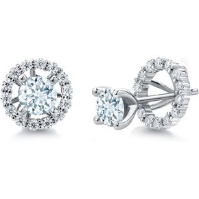 Gem Stone King 925 Sterling Silver Round Sky Blue Aquamarine and White Moissanite Women Stud Earrings with Removable Jackets (1.42 Cttw, Round 5MM)