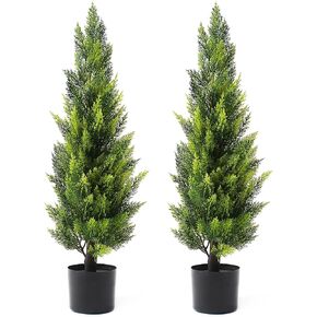 Artificial Cedar Topiary Trees 3FT Set of 2 - Faux Cedar Pine Trees for Outdoor & Indoor - UV Resistant Decorative Potted Artificial Plants - Evergreen Fake Bushes - Artificial Shrubs