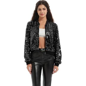 Women's Sequin Jacket Valentine's Day Long Sleeve OpenZipper Fahion Shiny Glitter Sparkly Bomber Jackets