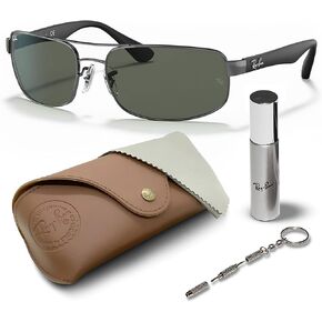 Ray-Ban RB3445 Rectangle Sunglasses With Eyewear Kit Bundle - Adjustable Nose Pads - Ideal Formal and Casual Wear Retro Sunglasses