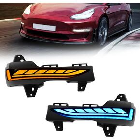 Sequential LED Daytime Running Lights For 2017-2023 Tesla Model 3,2020-2023 Model Y, Unique Design 3-Colors DRL With Starting Animated Dynamic Amber Turn Signal,Blue Light for Night