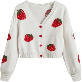 MakeMeChic Girl's Strawberry Print V Neck Button Down Cardigan Sweater Long Sleeve Cute Tops