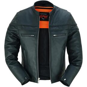 Daniel Smart Men Motorcycle Leather Jacket Mandarin Collar Biker Leather Jacket with Concealment Armory Pockets