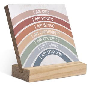 I am Kind I am Smart I am Brave Positive Affirmations Wood Plaque with Wooden Stand,Inspirational Quotes Wooden Plaque Sign Desk Decor for Home Classroom Table Shelf Decoration