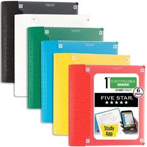 Five Star 1-1/2" Customizable Plastic Binder + Study App, 6 Pack, Assorted Colors (261460-23)