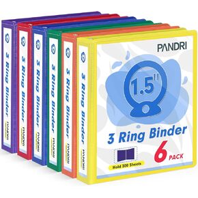 3 Ring Binder 1.5 Inch, PANDRI 6 Pack 1.5-Inch Binder Fits Letter Size 8.5'' x 11'' Paper, Versatile Binders for Office Home School, 2 Pockets, Assorted 6 Color