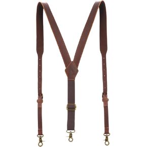 Tourbon Genuine Leather Suspenders for Men Heavy Duty Y Back Design Adjustable Straps with 3 Metal Snap Hooks, Brown