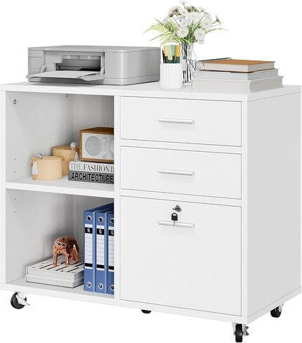 YITAHOME Wood File Cabinet, 3 Drawer Mobile Lateral Filing Cabinet, Storage Cabinet Printer Stand with Lock for Home Office Organization, Office Furniture, White in Saudi Arabia
