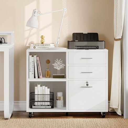 YITAHOME Wood File Cabinet, 3 Drawer Mobile Lateral Filing Cabinet, Storage Cabinet Printer Stand with Lock for Home Office Organization, Office Furniture, White in Saudi Arabia