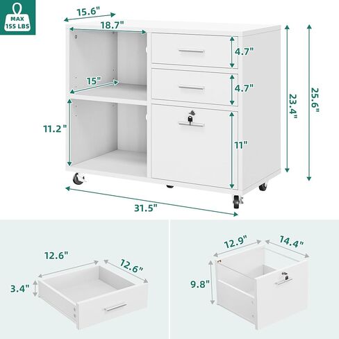 YITAHOME Wood File Cabinet, 3 Drawer Mobile Lateral Filing Cabinet, Storage Cabinet Printer Stand with Lock for Home Office Organization, Office Furniture, White in Saudi Arabia