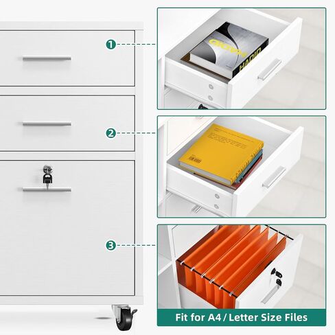 YITAHOME Wood File Cabinet, 3 Drawer Mobile Lateral Filing Cabinet, Storage Cabinet Printer Stand with Lock for Home Office Organization, Office Furniture, White in Saudi Arabia