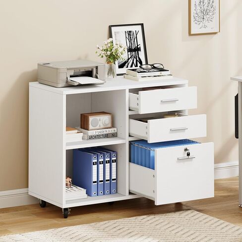 YITAHOME Wood File Cabinet, 3 Drawer Mobile Lateral Filing Cabinet, Storage Cabinet Printer Stand with Lock for Home Office Organization, Office Furniture, White in Saudi Arabia