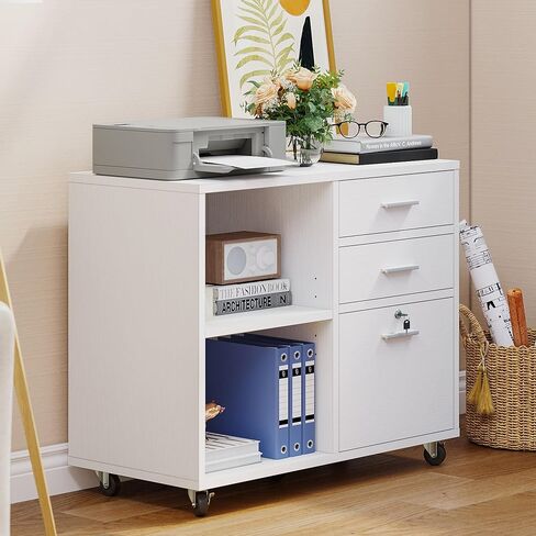 YITAHOME Wood File Cabinet, 3 Drawer Mobile Lateral Filing Cabinet, Storage Cabinet Printer Stand with Lock for Home Office Organization, Office Furniture, White in Saudi Arabia
