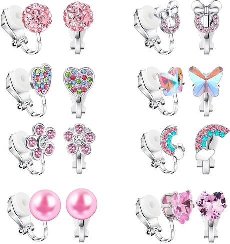 Yowivon Clip on Earrings for Girls Women Silver Non Pierced Cubic Zirconia Cute Earrings Heart Star Butterfly Flower Pearl Ball Colorful Hypoallergenic Stud Earring Set for Teen in Saudi Arabia