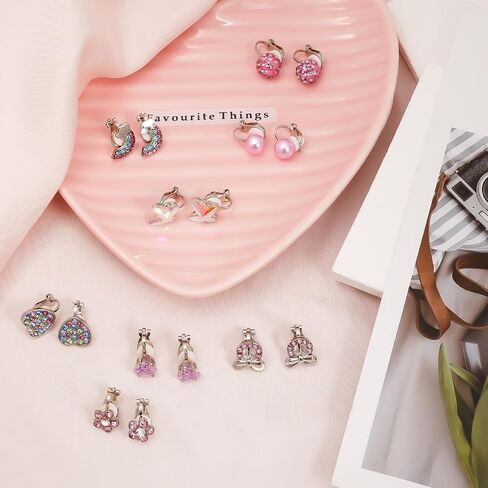 Yowivon Clip on Earrings for Girls Women Silver Non Pierced Cubic Zirconia Cute Earrings Heart Star Butterfly Flower Pearl Ball Colorful Hypoallergenic Stud Earring Set for Teen in Saudi Arabia