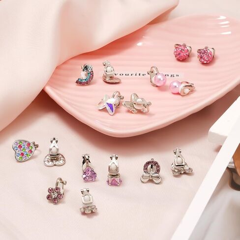 Yowivon Clip on Earrings for Girls Women Silver Non Pierced Cubic Zirconia Cute Earrings Heart Star Butterfly Flower Pearl Ball Colorful Hypoallergenic Stud Earring Set for Teen in Saudi Arabia