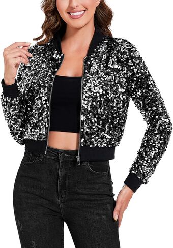 Anna-Kaci Women's Sparkly Sequin Cropped Jacket Long Sleeve Zipper Up Party Club Bomber Jacket in Saudi Arabia