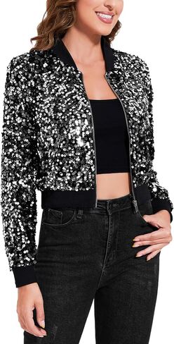Anna-Kaci Women's Sparkly Sequin Cropped Jacket Long Sleeve Zipper Up Party Club Bomber Jacket in Saudi Arabia
