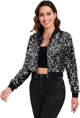 Anna-Kaci Women's Sparkly Sequin Cropped Jacket Long Sleeve Zipper Up Party Club Bomber Jacket in Saudi Arabia