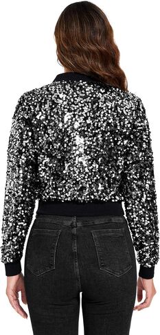 Anna-Kaci Women's Sparkly Sequin Cropped Jacket Long Sleeve Zipper Up Party Club Bomber Jacket in Saudi Arabia