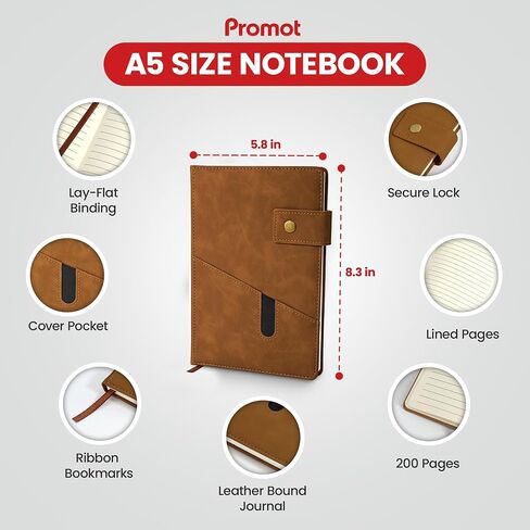 Promot PU Leather Notebook with Pen - A5 Lined Daily Journals for Writing Men Women, Executive Hardcover Notebook for Work, Travel Diary, Gift Idea, 200 Pages, Elastic Pocket, Bookmark, Strap, Brown in Saudi Arabia