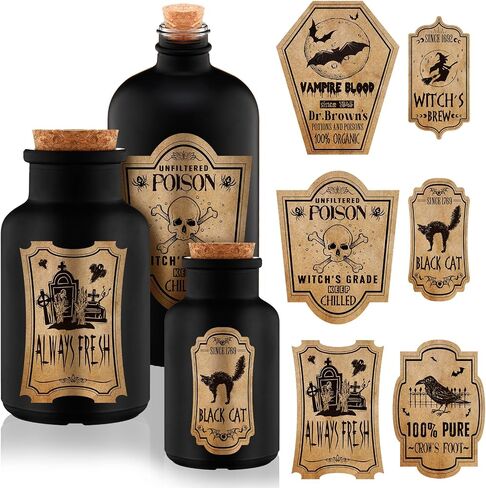 3 Pcs Vintage Glass Potion Bottles with Cork Lid Black Halloween Tiered Tray Decoration 12 Apothecary Bottles Jars Stickers Labels Halloween Table Home Bathroom Decorations Indoor in Saudi Arabia