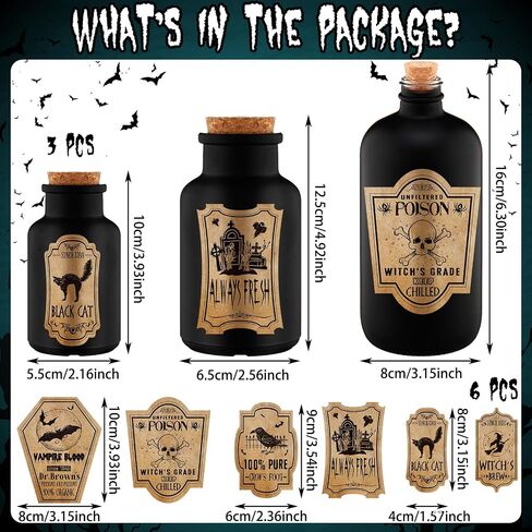 3 Pcs Vintage Glass Potion Bottles with Cork Lid Black Halloween Tiered Tray Decoration 12 Apothecary Bottles Jars Stickers Labels Halloween Table Home Bathroom Decorations Indoor in Saudi Arabia