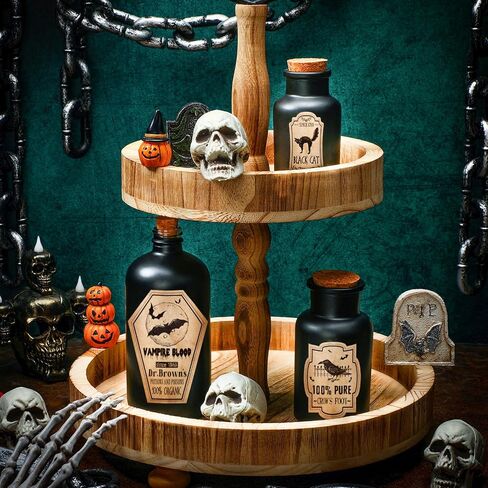 3 Pcs Vintage Glass Potion Bottles with Cork Lid Black Halloween Tiered Tray Decoration 12 Apothecary Bottles Jars Stickers Labels Halloween Table Home Bathroom Decorations Indoor in Saudi Arabia