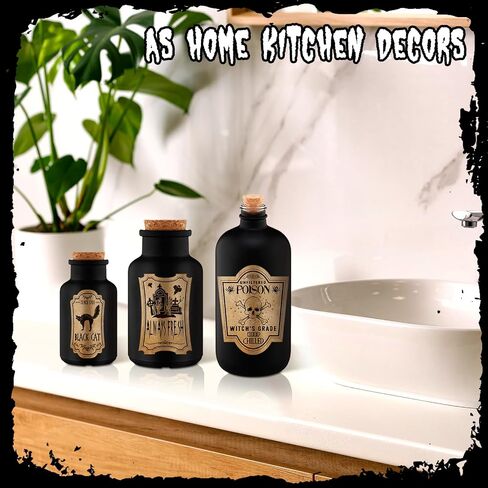 3 Pcs Vintage Glass Potion Bottles with Cork Lid Black Halloween Tiered Tray Decoration 12 Apothecary Bottles Jars Stickers Labels Halloween Table Home Bathroom Decorations Indoor in Saudi Arabia