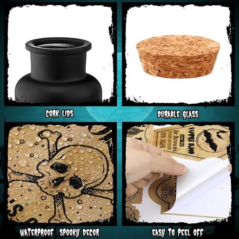 3 Pcs Vintage Glass Potion Bottles with Cork Lid Black Halloween Tiered Tray Decoration 12 Apothecary Bottles Jars Stickers Labels Halloween Table Home Bathroom Decorations Indoor in Saudi Arabia