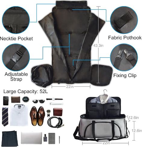 Convertible Duffle Garment Bag, 4 in 1 Garment Bag with Shoulder Strap, Garment Duffle Bags for Travel, Carry on Garment Duffel Bag for Men, Foldable Duffel Suit Bag for Business, Light Grey in Saudi Arabia