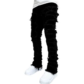 Mens Stacked Jeans Y2k Slim Fit Skinny Ripped Jeans Distressed Destroyed Denim Pants Emo Hip Hop Jeans