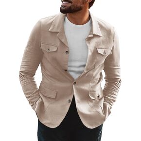 Runcati Men's Lightweight Safari Jacket Casual Slim Fit Work Coat Button Down Multi Pocket Outwear