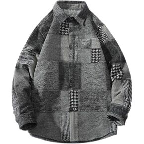 FindThy Men’s Plaid Brushed Flannel Jacket Long Sleeve Button Up Lapel Color Block Patchwork Houndstooth Shirt Shacket