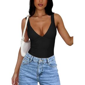 REORIA Womens V Neck Bodysuits Summer Sleeveless Double Lined Tank Going Out Fashion Tops 2024 Trendy