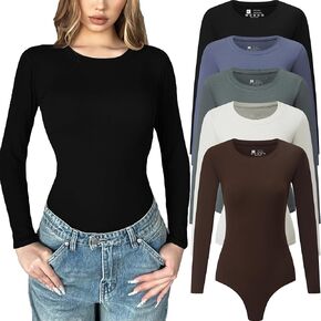 5 Pack Long Sleeve Bodysuit for Women Crew Neck Casual Stretchy Basic T Shirt Body Suits Tops