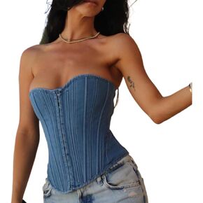 Denim Corset Top for Women, Denim Tube Top Sexy Sleeveless Slim Front Hook Waist Cincher Bustier Jean Corset Tops