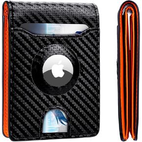 Slim AirTag Wallet For Men, Double-fold Thin Front Pockets., Carbon Fiber Leather RFID Blocking Wallet, Minimalist with Money Clip Man Gift, Black