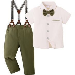 ZOEREA Boys Suit Gentleman Wedding Ring Bearer Outfit Formal Dress Shirt with Bow Tie and Suspender Pants 6-10 Years