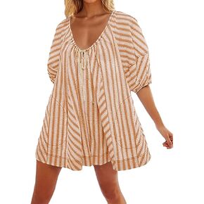 Women Striped Romper Summer Casual Scoop Neck Tie Up Puff Sleeve Oversized Jumpsuit Beach Outfits with Pockets