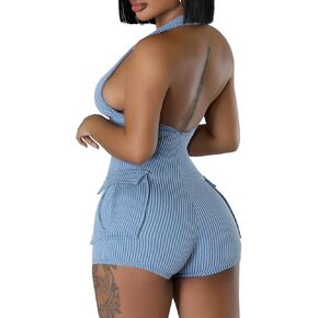 Molilove Women's Sexy Short Jumpsuits V Neck Sleeveless High Elasticity Short Rompers with Pockets Bodycon One Piece Outfits