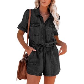 Paintcolors Women's Button Down Pockets Belted Washed Denim Jumpsuits Rompers