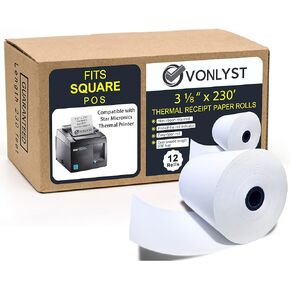 Receipt Paper Roll 3 1/8 x 230 for Square Register and Square POS System connected to Star Micronics Thermal Printer (Pack 12 rolls)