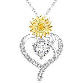 Sunflower Heart Birthstone Necklaces for Women, 925 Sterling Silver Jewelry, Pendant Heart Necklace Birthday Anniversary Valentines Gift for Wife Mom Girlfriend Daughter Lady
