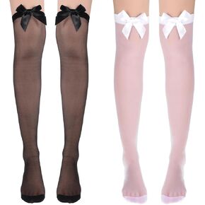 2Pairs Satin Bow Thigh High Stockings for Women White Black Bow Stockings Cute White Stockings for Halloween,Carnival Parties,Cosplay