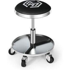 M-AUTO Pneumatic Rolling Mechanic Stool with Wheels 250-Pound Capacity Creeper, 18" to 23" Adjustable Height Mobile Garage Shop Seat with Detachable Tool Tray Storage, Black