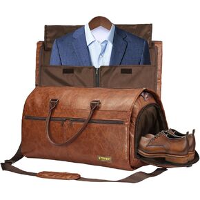 STOVER Garment Travel Duffle Bag, Large 2-in-1 Convertible Carry-on Luggage for Men & Women- Hanging Suits, Dresses & Clothes + Shoe Compartment- Weekender Tote Combo Duffel (Brown Leatherette)