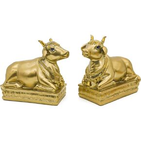 Hindu Nandi Holy Cow Statues - 2PCS Gold Nandi Cow Sitting Position Statue for House Temples Puja Home Decor Diwali Gift